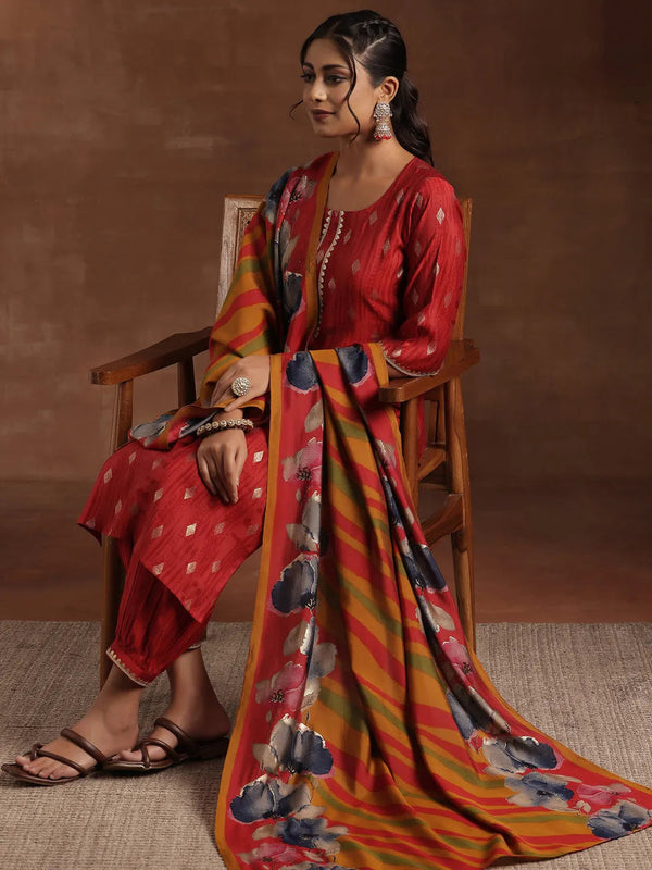 Red Woven Design Silk Blend Straight Suit With Dupatta