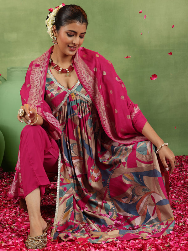 Pink Printed Silk Blend A-Line Kurta With Trousers & Dupatta