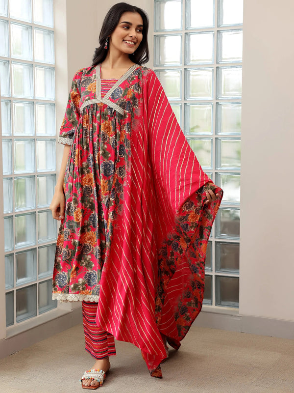 Pink Printed Silk Blend A-Line Kurta With Trousers & Dupatta