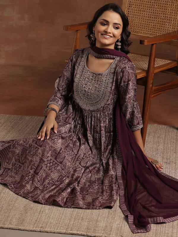 Wine Printed Silk Blend A-Line Kurta With Trousers & Dupatta