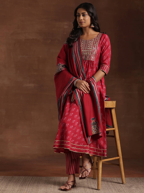 Pink Printed Silk Blend Anarkali Suit With Dupatta