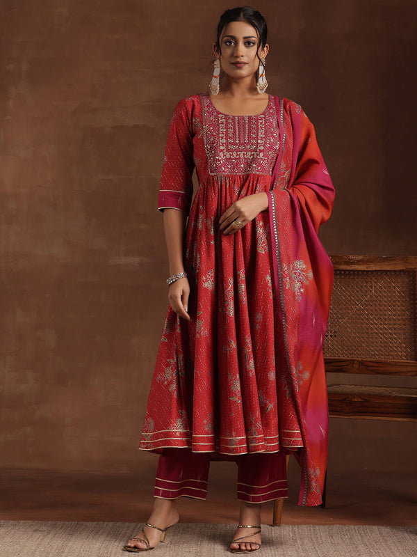 Red Printed Silk Blend Anarkali Suit With Dupatta