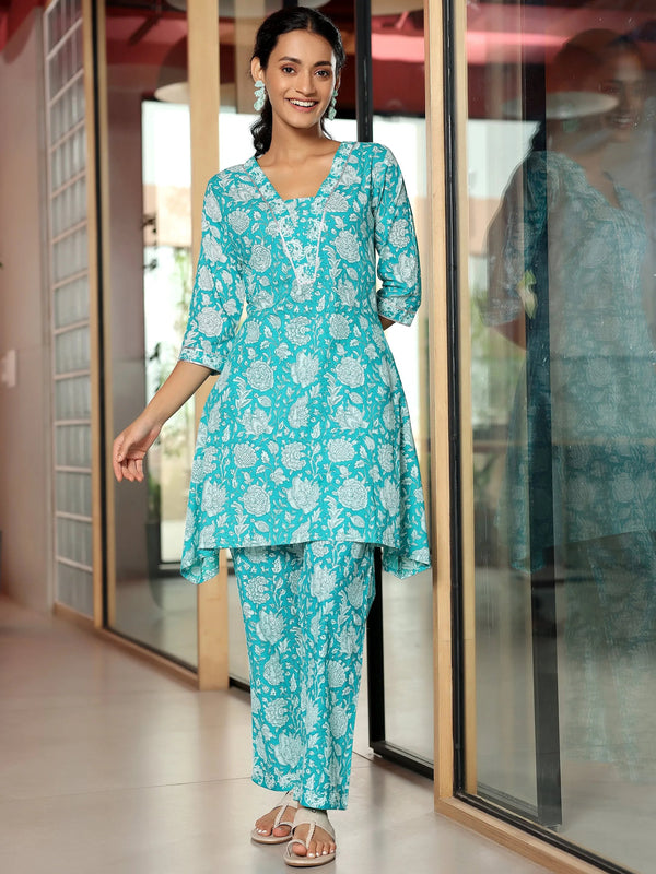 Blue Printed Cotton A-Line Kurta With Trousers