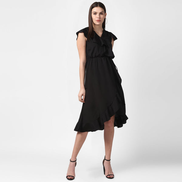 Women's Black Front Ruffle Dress - StyleStone