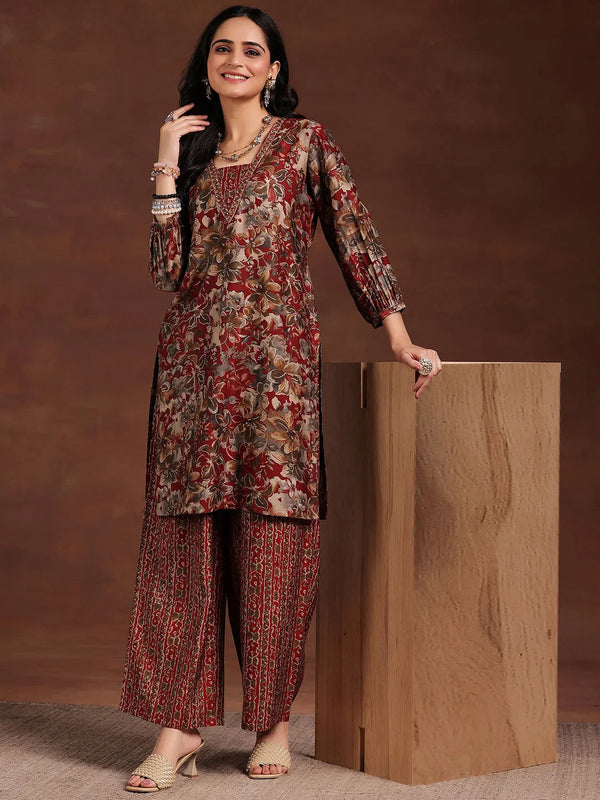 Maroon Printed Silk Blend Straight Kurta Set