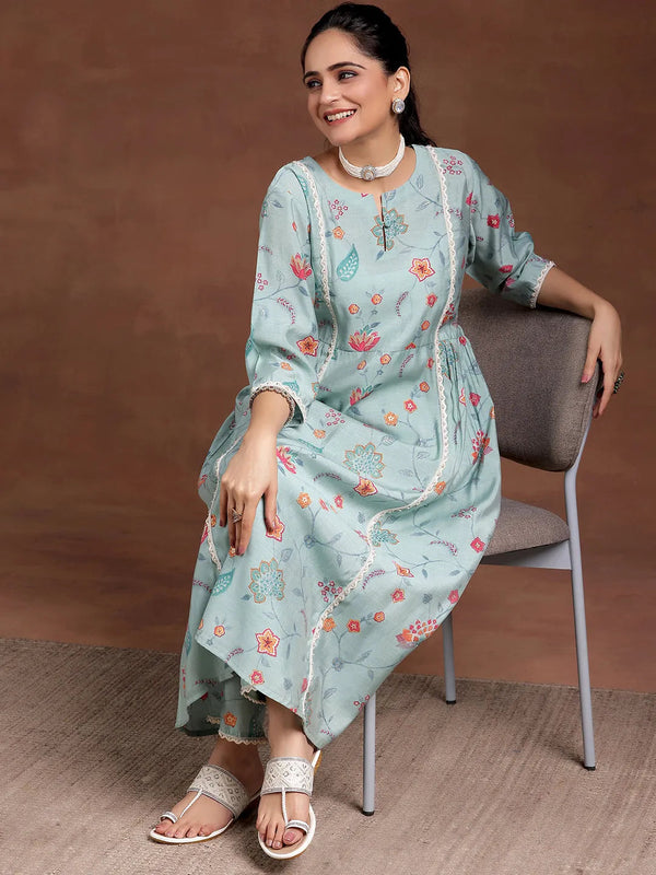 Blue Printed Silk Blend A-Line Kurta With Trousers