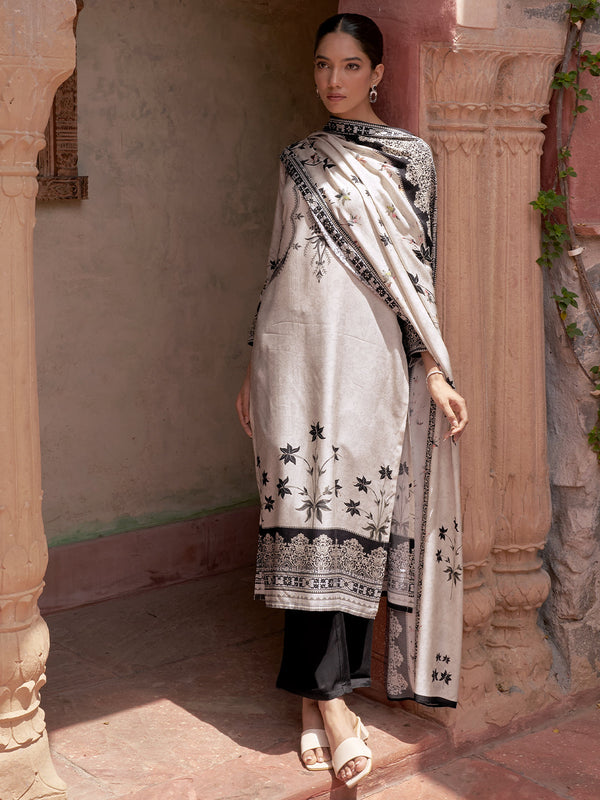 Monochrome Printed Silk Blend Straight Suit With Dupatta