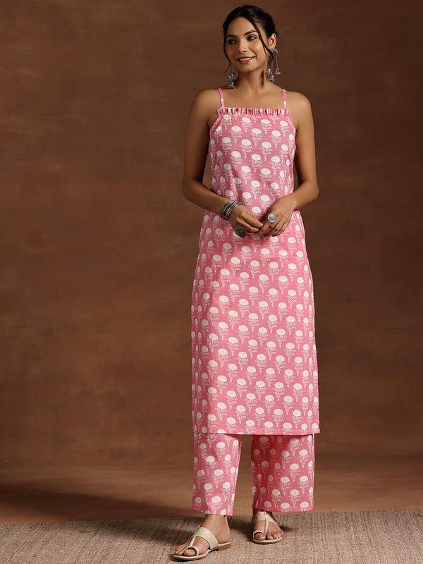 Pink Printed Cotton Straight Kurta Set