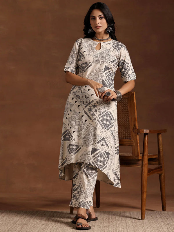 Beige Printed Cotton Straight Kurta Set