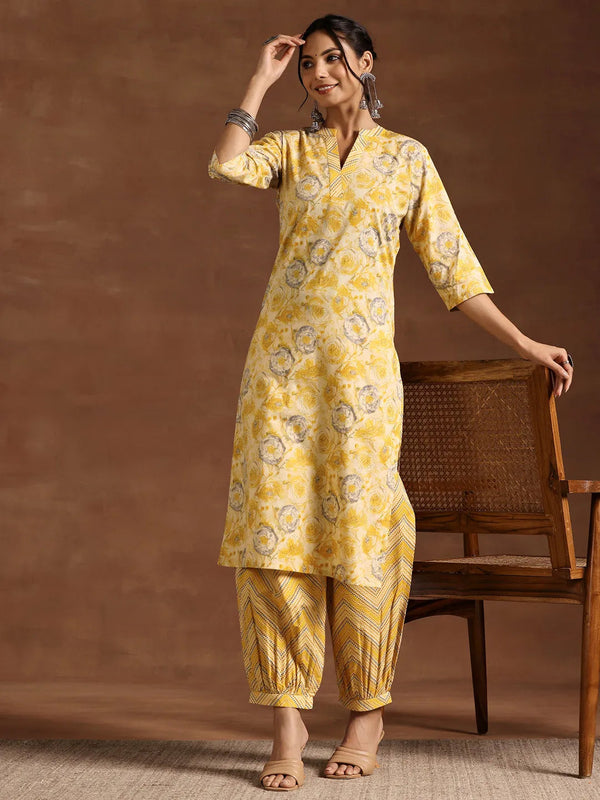 Mustard Printed Cotton Straight Kurta Set