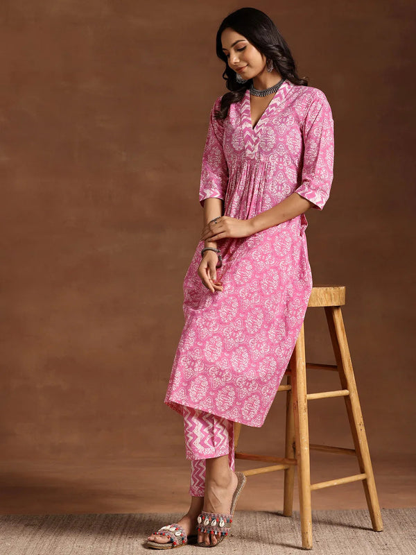 Pink Printed Cotton A-Line Kurta With Trousers