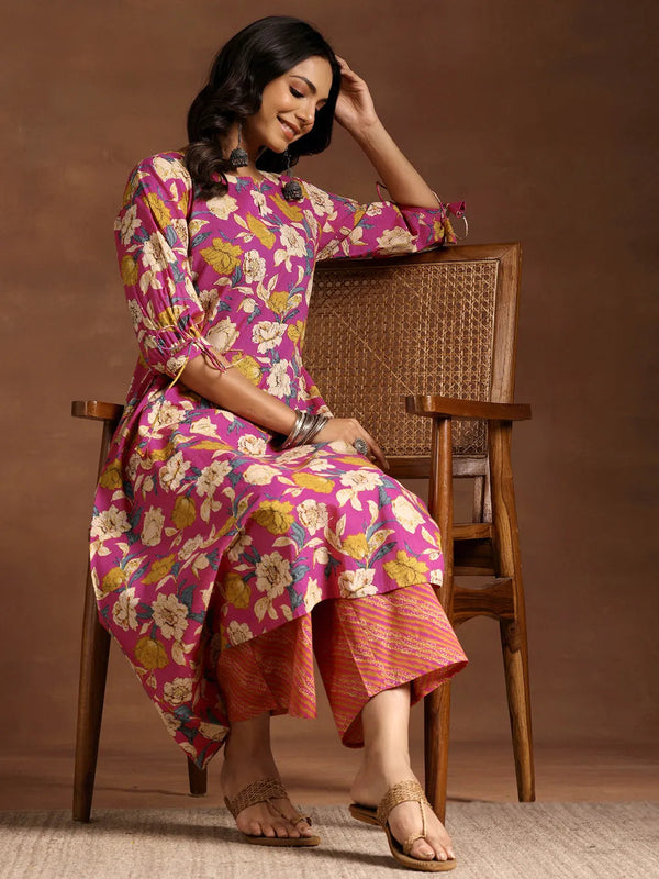 Pink Printed Cotton A-Line Kurta With Palazzos