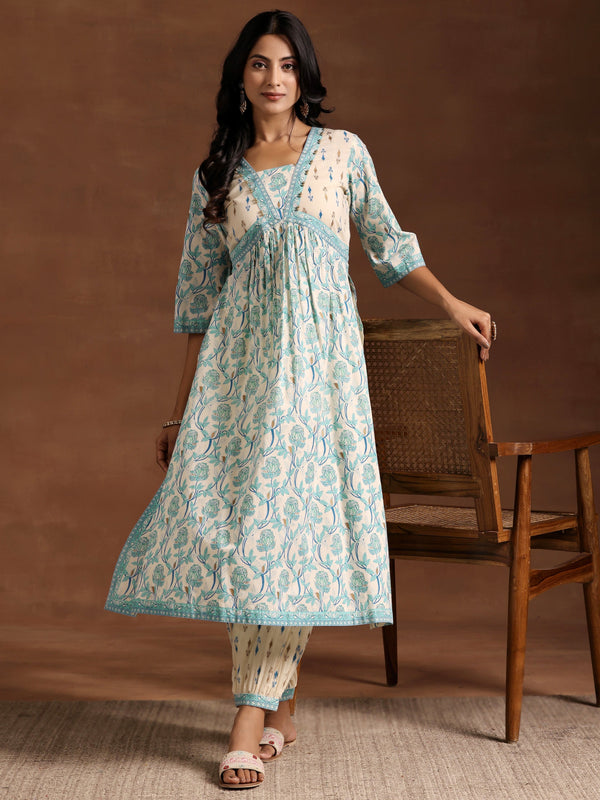 Blue Printed Cotton A-Line Kurta With Salwar