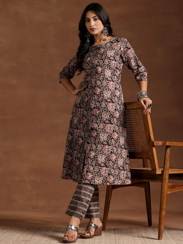 Black Printed Cotton A-line Kurta With Trousers