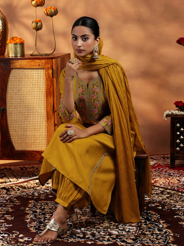 Mustard Embroidered Silk Blend A-Line Kurta With Salwar & Dupatta