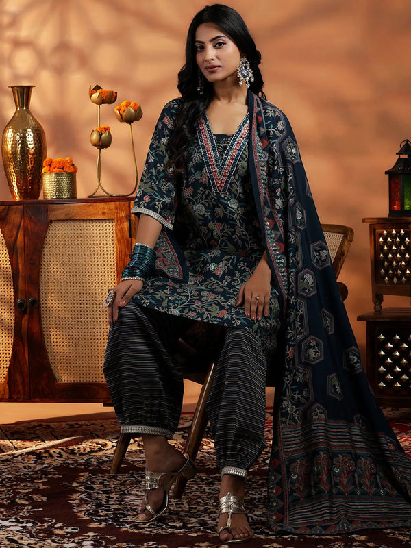 Blue Printed Silk Blend A-Line Kurta With Salwar & Dupatta