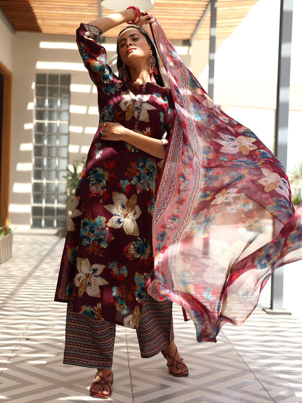 Wine Printed Silk Blend Straight Suit With Dupatta