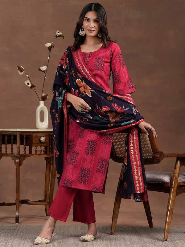 Red Printed Silk Blend Straight Suit With Dupatta