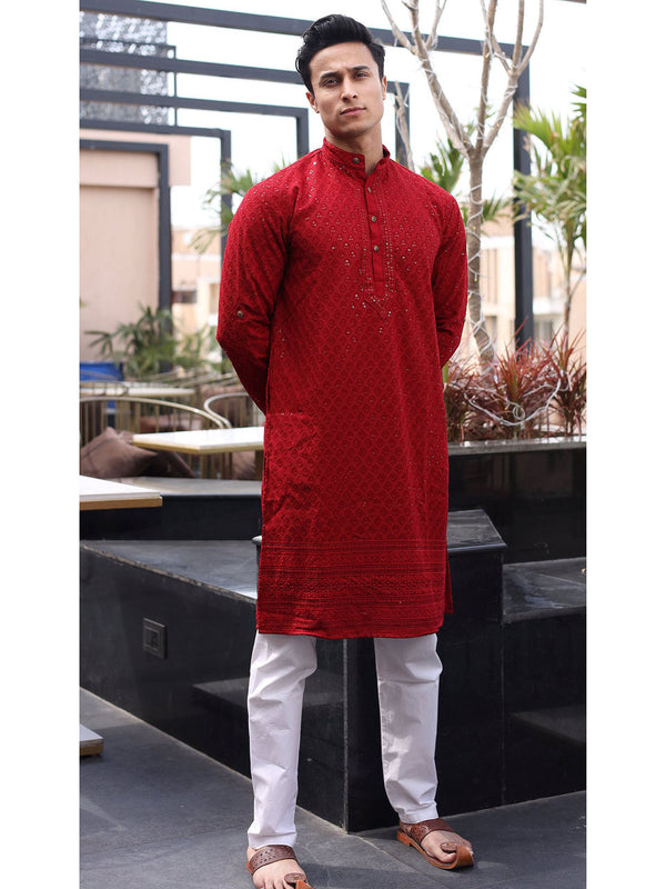 Men's Heavy Embroidery Sequins Maroon Kurta - Hatheli