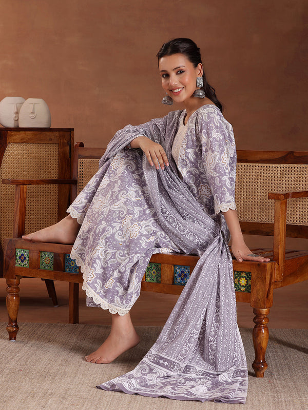 Mauve Printed Cotton Anarkali Suit With Dupatta