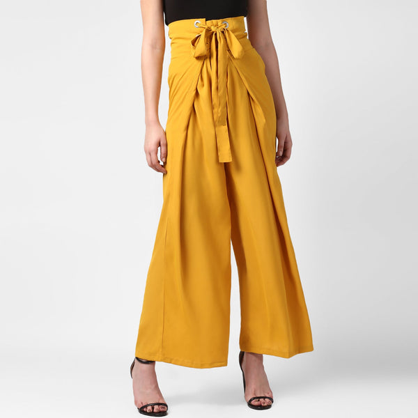 Women's Yellow Polyester High Waisted Palazzo with front Rivets and Back Elastic - StyleStone