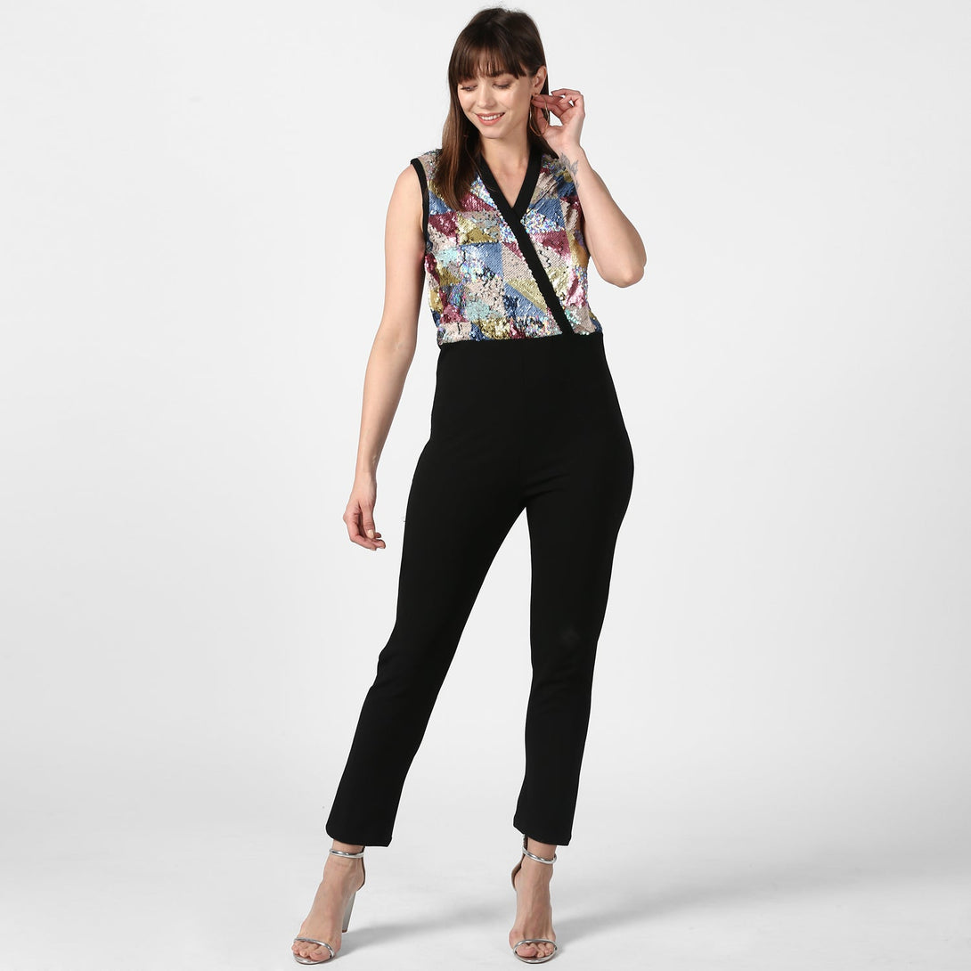 Women's Black And Multi-Coloured Sequin Jumpsuit -Stylestone