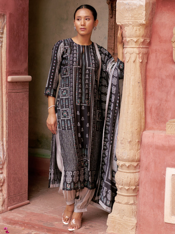 Black Printed Cotton Straight Suit With Dupatta