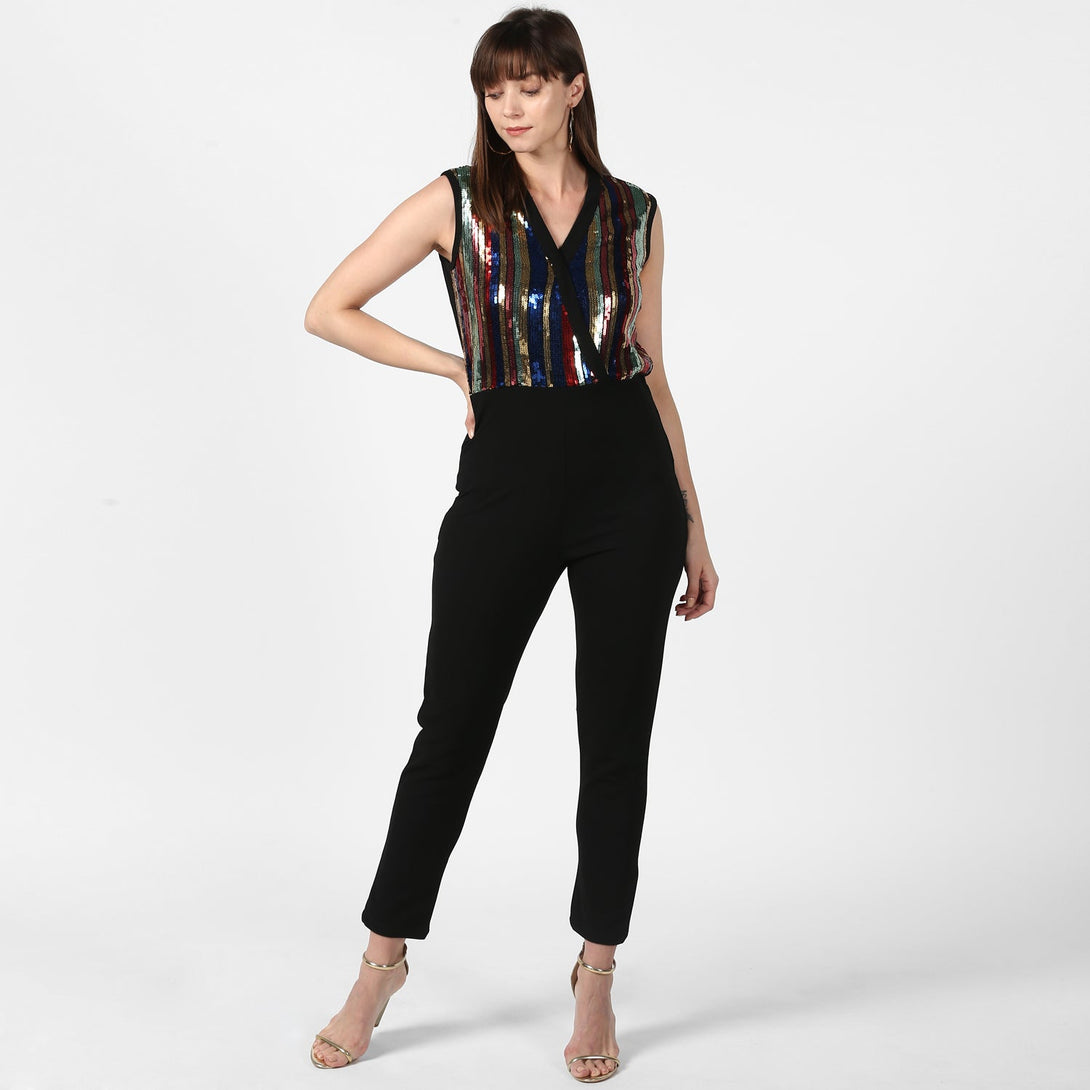 Women's Black And Multi-Coloured Sequin Jumpsuit -Stylestone