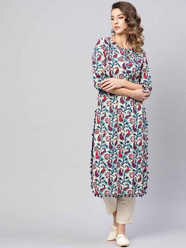 Women's  Grey & Navy Blue Printed Straight Kurta - AKS