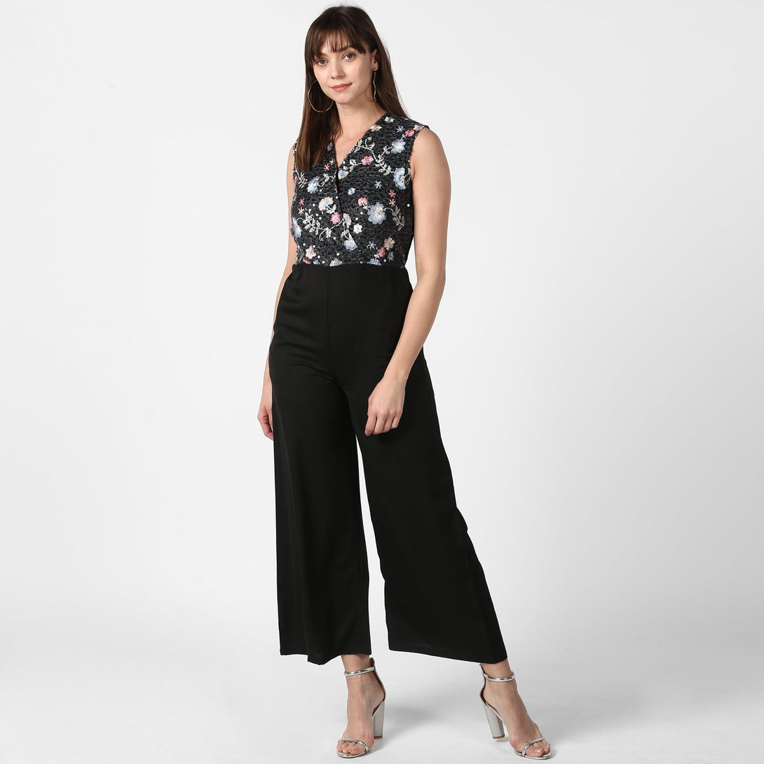 Women's Black And Multi-Coloured Embroidered Jumpsuit -Stylestone