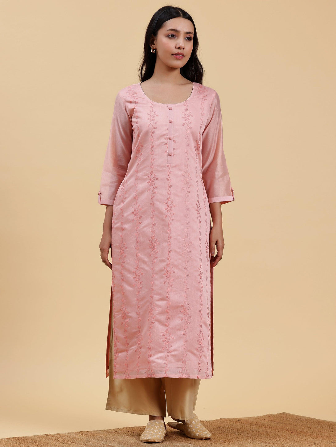 Peach Embroidered Chanderi Silk Straight Kurta - Jashvi