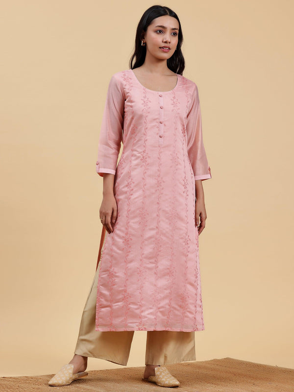 Peach Embroidered Chanderi Silk Straight Kurta