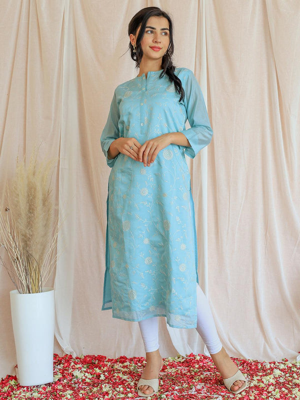 Blue Embroidered Chanderi Silk Straight Kurta