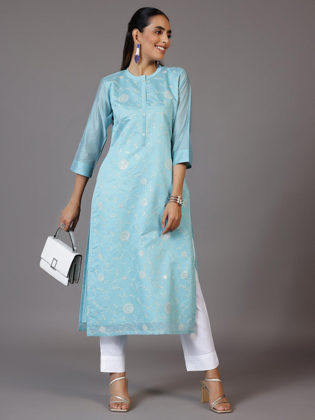 Blue Embroidered Chanderi Silk Straight Kurta - Jashvi