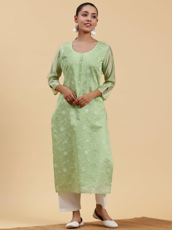 Green Embroidered Chanderi Silk Straight Kurta - Jashvi