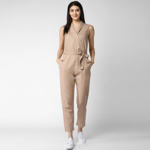 Women's Cotton Linen Beige Jumpsuit - StyleStone