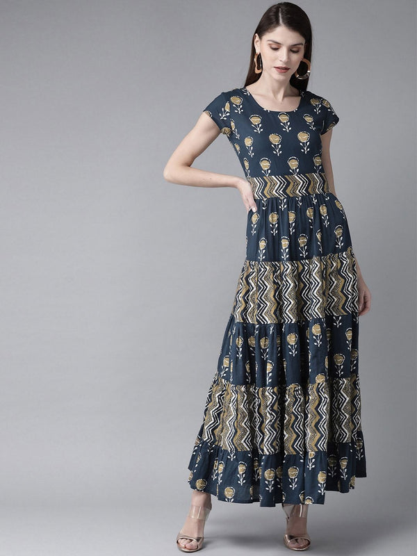 Women's  Navy Blue & Beige Printed Maxi Dress - AKS