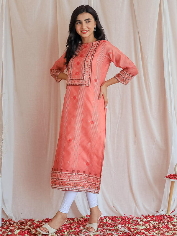 Pink Printed Chanderi Silk Straight Kurta