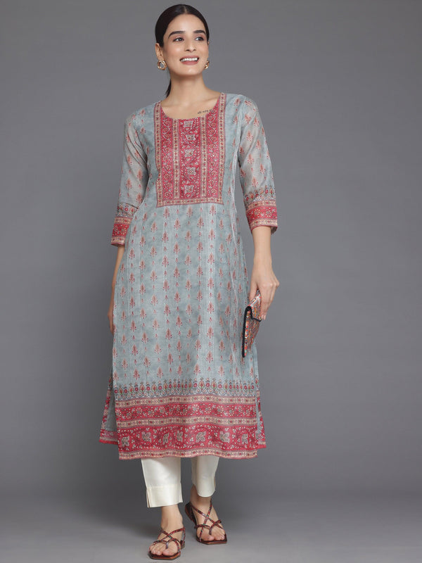 Grey Printed Chanderi Silk Straight Kurta - Jashvi