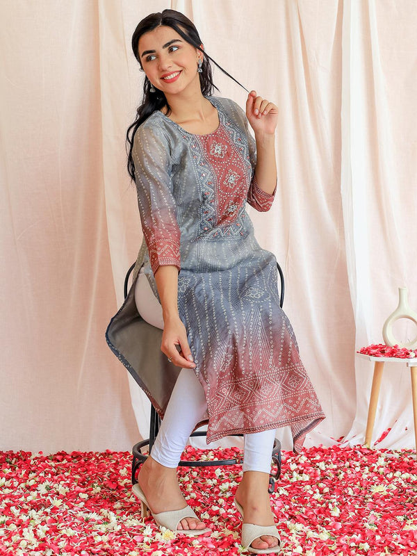 Grey Embellished Chanderi Silk Straight Kurta