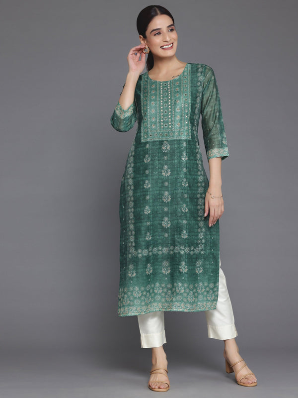 Green Printed Chanderi Silk Straight Kurta - Jashvi