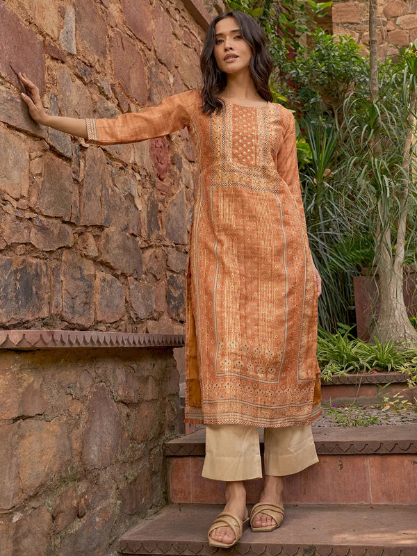 Mustard Printed Chanderi Silk Straight Kurta