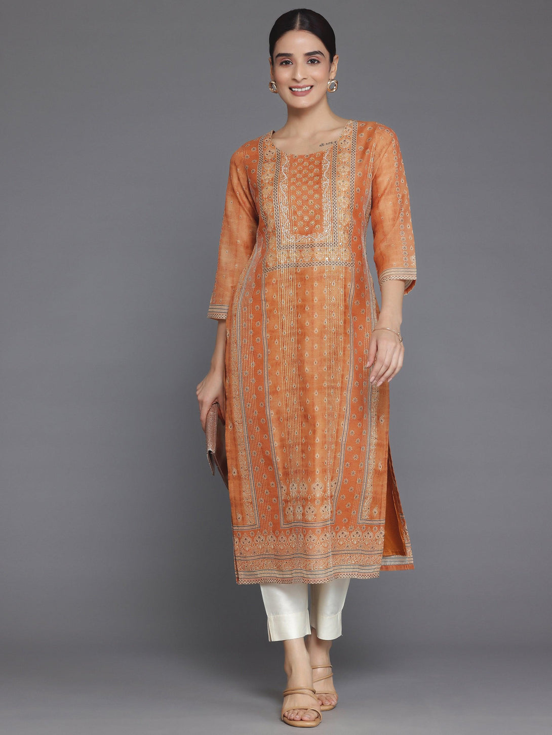 Mustard Printed Chanderi Silk Straight Kurta - Jashvi