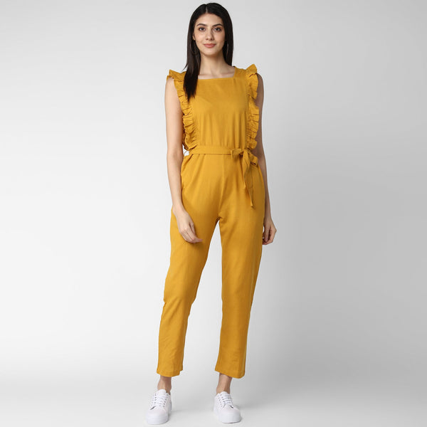 Women's Cotton Linen Yellow Jumpsuit - StyleStone