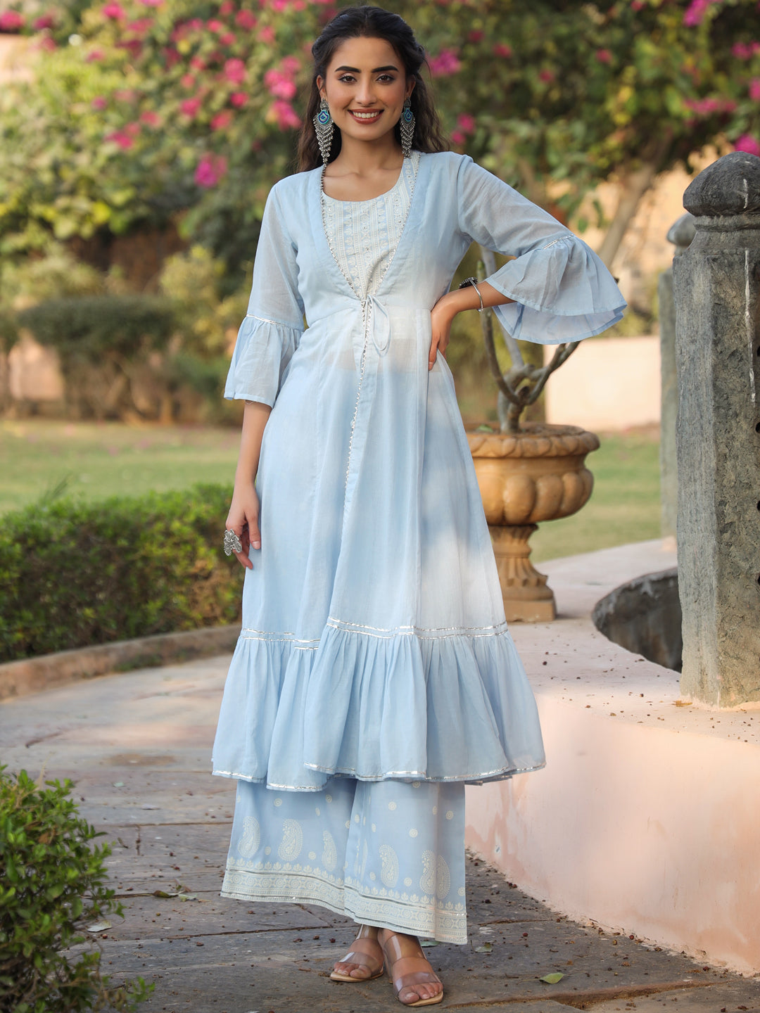 Women's Powderblue Rayon Solid With Printed Flared Kurta Sets - Juniper