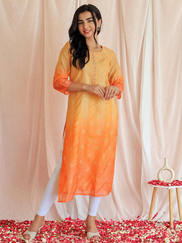 Peach Embellished Chanderi Silk Straight Kurta