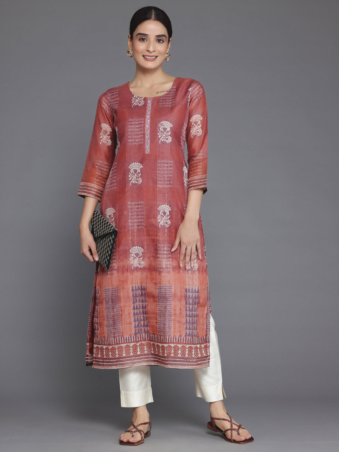 Rust Printed Chanderi Silk Straight Kurta - Jashvi