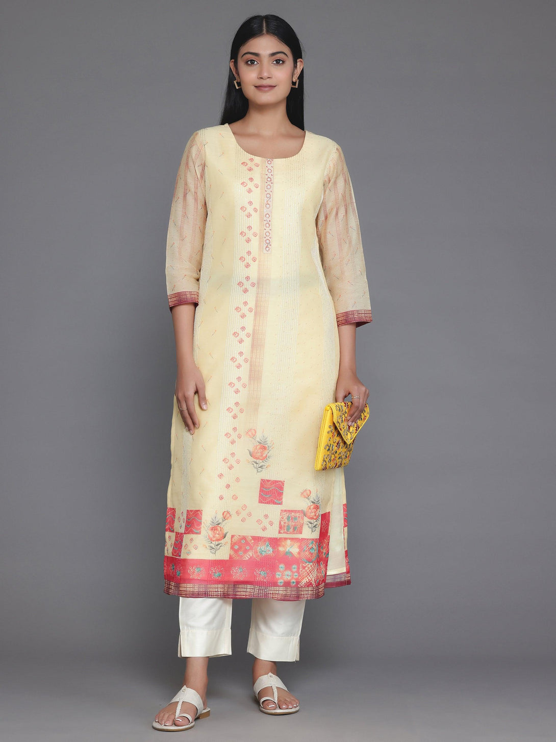 Yellow Printed Chanderi Silk Straight Kurta - Jashvi