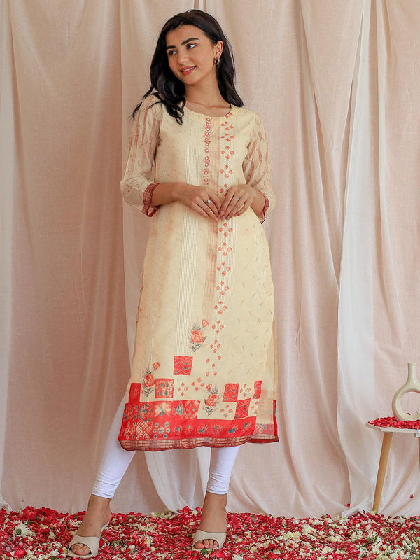 Yellow Printed Chanderi Silk Straight Kurta