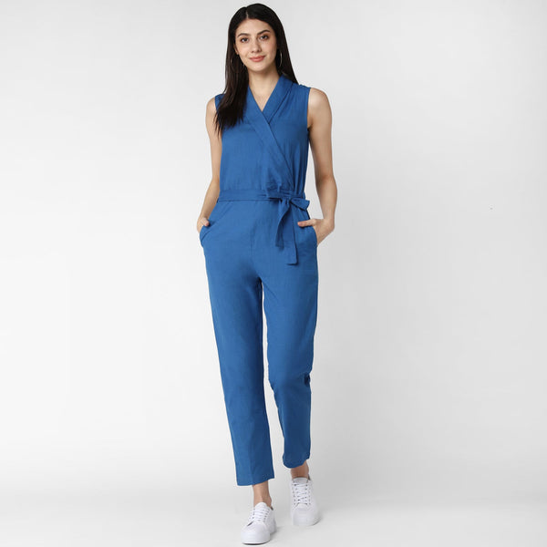 Women's Cotton Linen Blue Jumpsuit - StyleStone